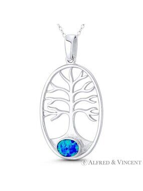 Tree-of-Life Etz Chaim Created Opal Pendant in .925 Sterling Silver w/ Rhodium